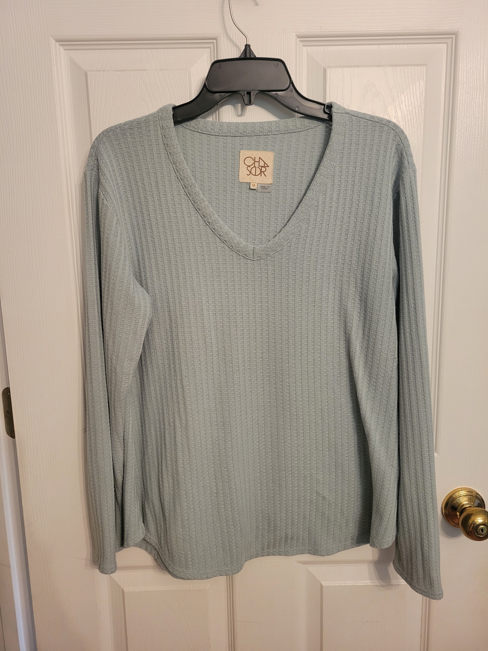 Chaser Light Green V-Neck Ribbed Long Sleeve Sweater